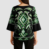 Green Ngaru Taniko With Aotearoa Maori Tattoo Kimono Sleeve Blouse - Polynesian Pride