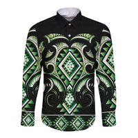 Green Ngaru Taniko With Aotearoa Maori Tattoo Long Sleeve Button Shirt LT14 Unisex Green - Polynesian Pride