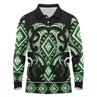 Green Ngaru Taniko With Aotearoa Maori Tattoo Long Sleeve Polo Shirt