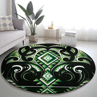 Green Ngaru Taniko With Aotearoa Maori Tattoo Round Carpet