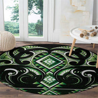 Green Ngaru Taniko With Aotearoa Maori Tattoo Round Carpet