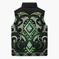 Green Ngaru Taniko With Aotearoa Maori Tattoo Sleeveless Puffer Jacket - Polynesian Pride