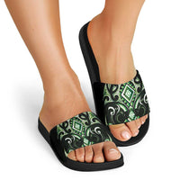 Green Ngaru Taniko With Aotearoa Maori Tattoo Slide Sandals LT14 - Polynesian Pride