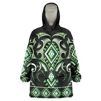 Green Ngaru Taniko With Aotearoa Maori Tattoo Wearable Blanket Hoodie LT14 One Size Green - Polynesian Pride