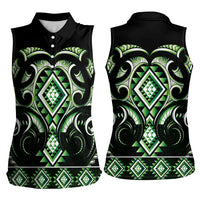Green Ngaru Taniko With Aotearoa Maori Tattoo Women Sleeveless Polo Shirt