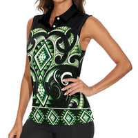 Green Ngaru Taniko With Aotearoa Maori Tattoo Women Sleeveless Polo Shirt