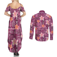 Pink Hawaii Plumeria With Tropical Flowers Motifs Couples Matching Summer Maxi Dress and Long Sleeve Button Shirt LT14 - Polynesian Pride