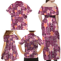 Pink Hawaii Plumeria With Tropical Flowers Motifs Family Matching Off Shoulder Maxi Dress and Hawaiian Shirt