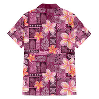 Pink Hawaii Plumeria With Tropical Flowers Motifs Family Matching Off Shoulder Short Dress and Hawaiian Shirt