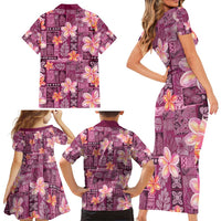 Pink Hawaii Plumeria With Tropical Flowers Motifs Family Matching Short Sleeve Bodycon Dress and Hawaiian Shirt