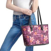 Pink Hawaii Plumeria With Tropical Flowers Motifs Leather Tote Bag