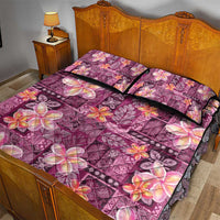 Pink Hawaii Plumeria With Tropical Flowers Motifs Quilt Bed Set
