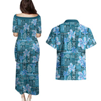 Cyan Hawaii Plumeria With Tropical Flowers Motifs Couples Matching Puletasi and Hawaiian Shirt