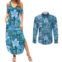 Cyan Hawaii Plumeria With Tropical Flowers Motifs Couples Matching Summer Maxi Dress and Long Sleeve Button Shirt LT14 Cyan - Polynesian Pride