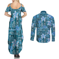 Cyan Hawaii Plumeria With Tropical Flowers Motifs Couples Matching Summer Maxi Dress and Long Sleeve Button Shirt LT14 - Polynesian Pride