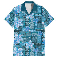 Cyan Hawaii Plumeria With Tropical Flowers Motifs Family Matching Long Sleeve Bodycon Dress and Hawaiian Shirt