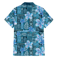 Cyan Hawaii Plumeria With Tropical Flowers Motifs Family Matching Off The Shoulder Long Sleeve Dress and Hawaiian Shirt