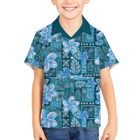 Cyan Hawaii Plumeria With Tropical Flowers Motifs Family Matching Off The Shoulder Long Sleeve Dress and Hawaiian Shirt