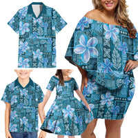 Cyan Hawaii Plumeria With Tropical Flowers Motifs Family Matching Off Shoulder Short Dress and Hawaiian Shirt