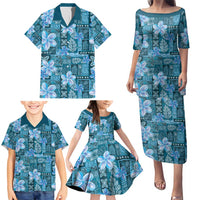 Cyan Hawaii Plumeria With Tropical Flowers Motifs Family Matching Puletasi and Hawaiian Shirt