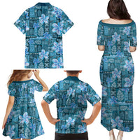 Cyan Hawaii Plumeria With Tropical Flowers Motifs Family Matching Puletasi and Hawaiian Shirt