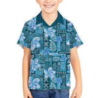 Cyan Hawaii Plumeria With Tropical Flowers Motifs Family Matching Puletasi and Hawaiian Shirt