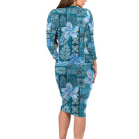 Cyan Hawaii Plumeria With Tropical Flowers Motifs Long Sleeve Bodycon Dress