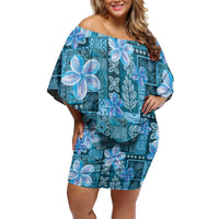 Cyan Hawaii Plumeria With Tropical Flowers Motifs Off Shoulder Short Dress