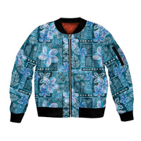 Cyan Hawaii Plumeria With Tropical Flowers Motifs Sleeve Zip Bomber Jacket