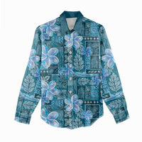 Cyan Hawaii Plumeria With Tropical Flowers Motifs Women Casual Shirt