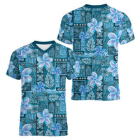 Cyan Hawaii Plumeria With Tropical Flowers Motifs Women V-Neck T-Shirt