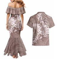 Polynesia Hammerhead Shark Tattoo With Plumeria Lei Couples Matching Mermaid Dress and Hawaiian Shirt