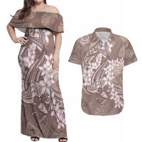 Polynesia Hammerhead Shark Tattoo With Plumeria Lei Couples Matching Off Shoulder Maxi Dress and Hawaiian Shirt LT14 Mocha - Polynesian Pride