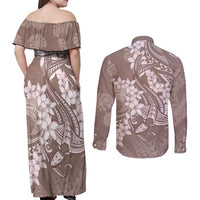 Polynesia Hammerhead Shark Tattoo With Plumeria Lei Couples Matching Off Shoulder Maxi Dress and Long Sleeve Button Shirt LT14 - Polynesian Pride