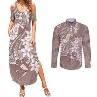 Polynesia Hammerhead Shark Tattoo With Plumeria Lei Couples Matching Summer Maxi Dress and Long Sleeve Button Shirt LT14 Mocha - Polynesian Pride