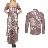 Polynesia Hammerhead Shark Tattoo With Plumeria Lei Couples Matching Summer Maxi Dress and Long Sleeve Button Shirt LT14 - Polynesian Pride