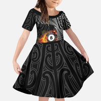 Personalised New Zealand Billiards Family Matching Off The Shoulder Long Sleeve Dress and Hawaiian Shirt Maori Fern On Fire 8 Ball - Polynesian Pride