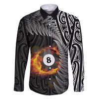 Personalised New Zealand Billiards Family Matching Off Shoulder Maxi Dress and Hawaiian Shirt Maori Fern On Fire 8 Ball - Polynesian Pride