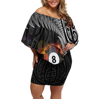 Personalised New Zealand Billiards Off Shoulder Short Dress Maori Fern On Fire 8 Ball - Polynesian Pride