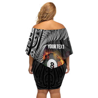 Personalised New Zealand Billiards Off Shoulder Short Dress Maori Fern On Fire 8 Ball - Polynesian Pride