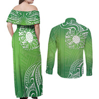 Polynesia Depression Awareness Couples Matching Off Shoulder Maxi Dress and Long Sleeve Button Shirt Sunflower Green Ribbons Polynesian Tattoo LT14 - Polynesian Pride