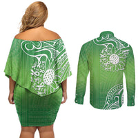 Polynesia Depression Awareness Couples Matching Off Shoulder Short Dress and Long Sleeve Button Shirt Sunflower Green Ribbons Polynesian Tattoo LT14 - Polynesian Pride