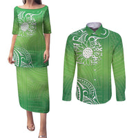 Polynesia Depression Awareness Couples Matching Puletasi and Long Sleeve Button Shirt Sunflower Green Ribbons Polynesian Tattoo LT14 Green - Polynesian Pride