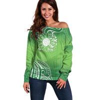 Polynesia Depression Awareness Off Shoulder Sweater Sunflower Green Ribbons Polynesian Tattoo LT14 Women Green - Polynesian Pride