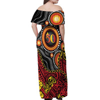 Celebrating 50 Years Papua New Guinea Off Shoulder Maxi Dress Aboriginal Mix Papuan Pattern - Polynesian Pride