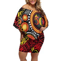 Celebrating 50 Years Papua New Guinea Off Shoulder Short Dress Aboriginal Mix Papuan Pattern LT14 Women Red - Polynesian Pride