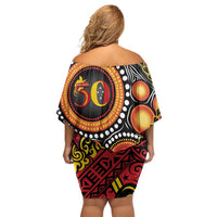 Celebrating 50 Years Papua New Guinea Off Shoulder Short Dress Aboriginal Mix Papuan Pattern LT14 - Polynesian Pride