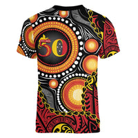 Celebrating 50 Years Papua New Guinea Women V-Neck T-Shirt Aboriginal Mix Papuan Pattern - Polynesian Pride