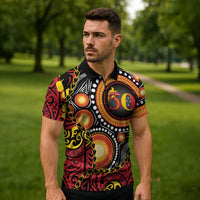 Celebrating 50 Years Papua New Guinea Zipper Polo Shirt Aboriginal Mix Papuan Pattern LT14 - Polynesian Pride