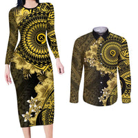 Vanuatu Couples Matching Long Sleeve Bodycon Dress and Long Sleeve Button Shirt Hibisus Polynesian Pattern Gold LT14 Gold - Polynesian Pride